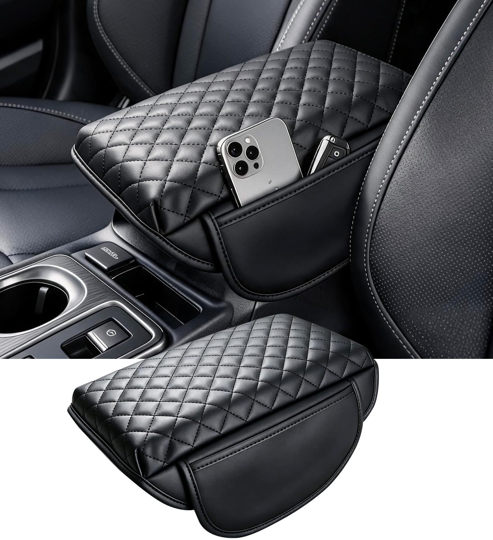 Center Console Cover for Subaru Outback 2026 2025 2024 2023 2022 2021 2020, 1.2-Inch Thick PU Leather Middle Armrest Cushion Protector Pad with 2 Side Pockets for 2020-2026 Outback, Black