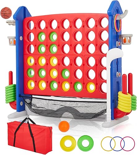 PeakPursuit Giant 4-in-a-Row Jumbo Game Set – Adjustable 3-Level Height, Golf, Basketball & Ring Toss, 42 Jumbo Rings, Quick-Release Slider, Mesh