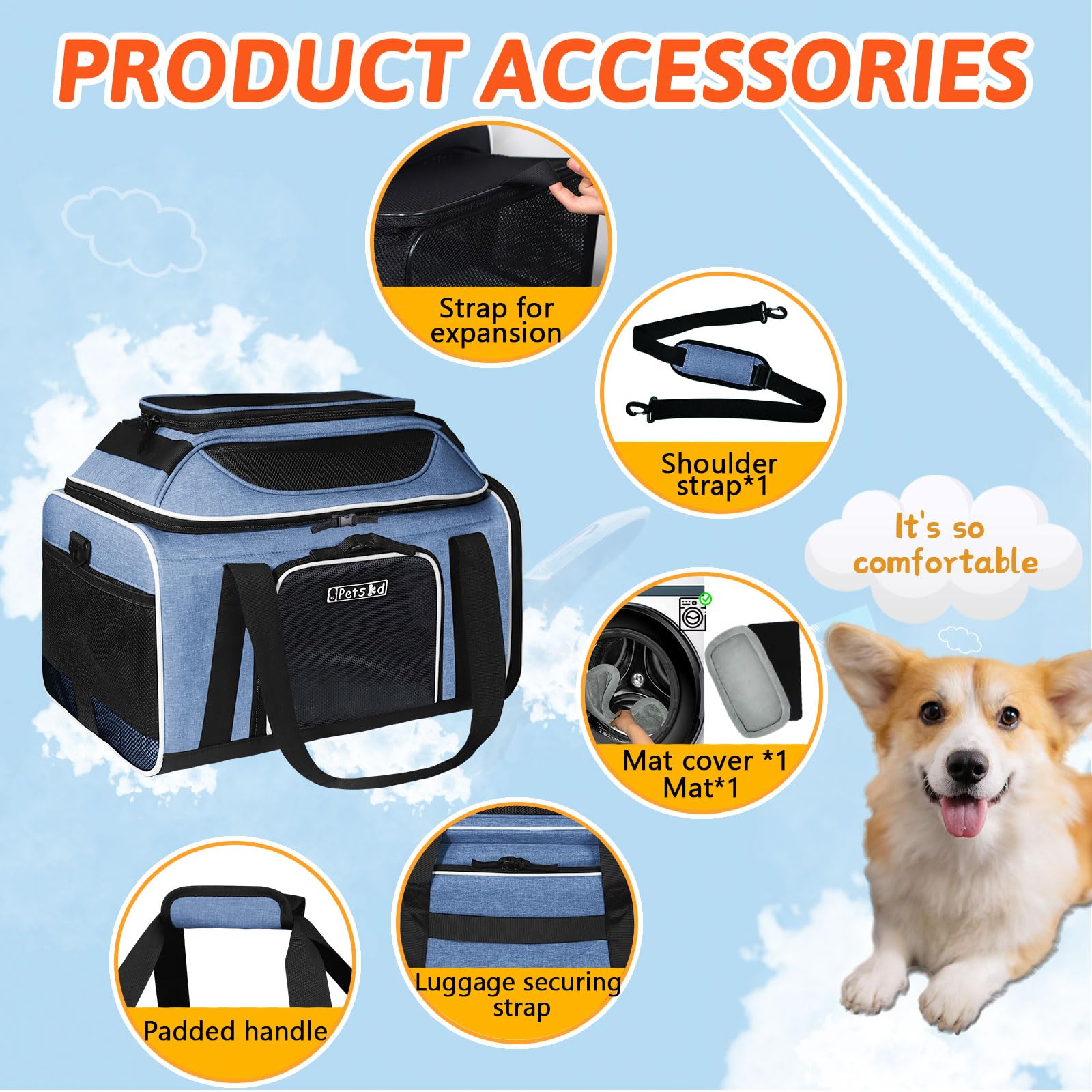 Petskd Top and Side Expandable Pet Carrier 17x11x9.5 Inches Alaska Airline Approved, Soft-Sided Carrier for Small Cats and Dogs with Locking Safety Zippers and Anti-Scratch Mesh(Blue) - image 7