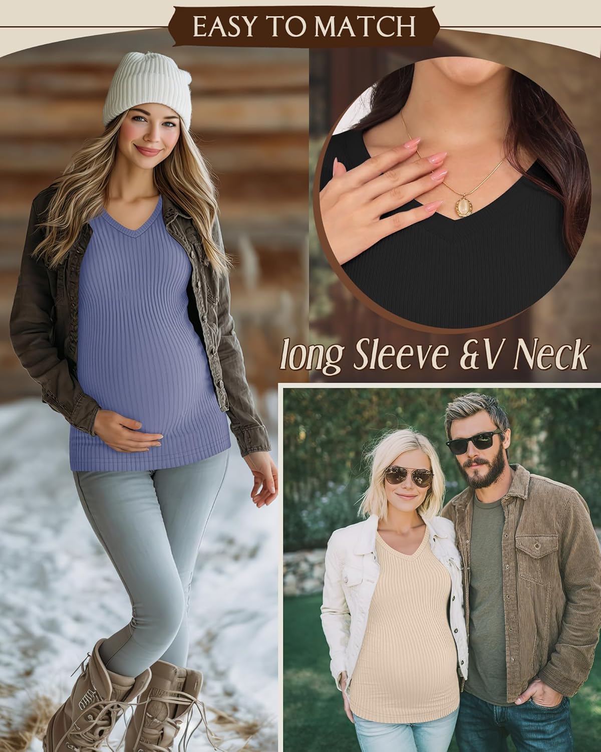 3 Pack Women's Maternity Shirts Fleece Long Sleeve V Neck Ribbed Pregnancy Tops Slim Fit Base Layer Mama Clothes - Image 2