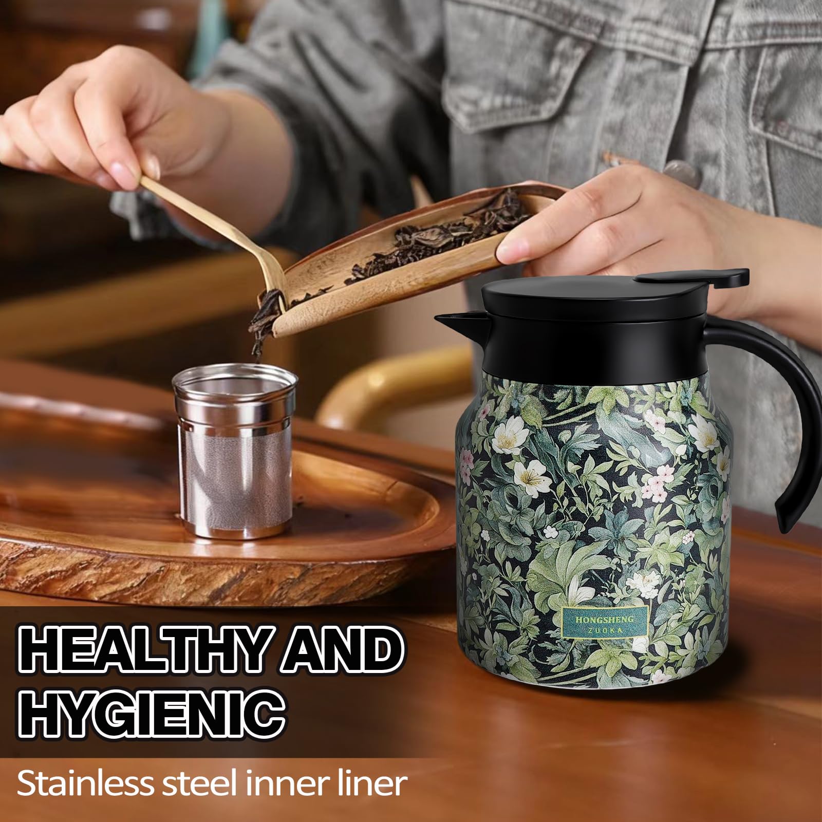 Caraffa Termica con Filtro per Tè, Thermos 1 Litro in Acciaio Inox con Motivo Floreale, Termos Caffè Doppio Strato, Sottovuoto Thermos Caffe, Thermos per Bevande Calde per Tè Latte