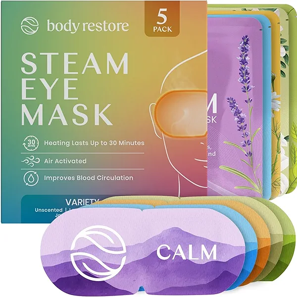 Body Restore Heated Eye Mask for Dry Eyes 5 Pack - Self Heating Warm Compress, Christmas Stocking Stuffers, White Elephant, Birthday Gifts for Women, Men, Stye Eye Treatment, Relaxation - Variety