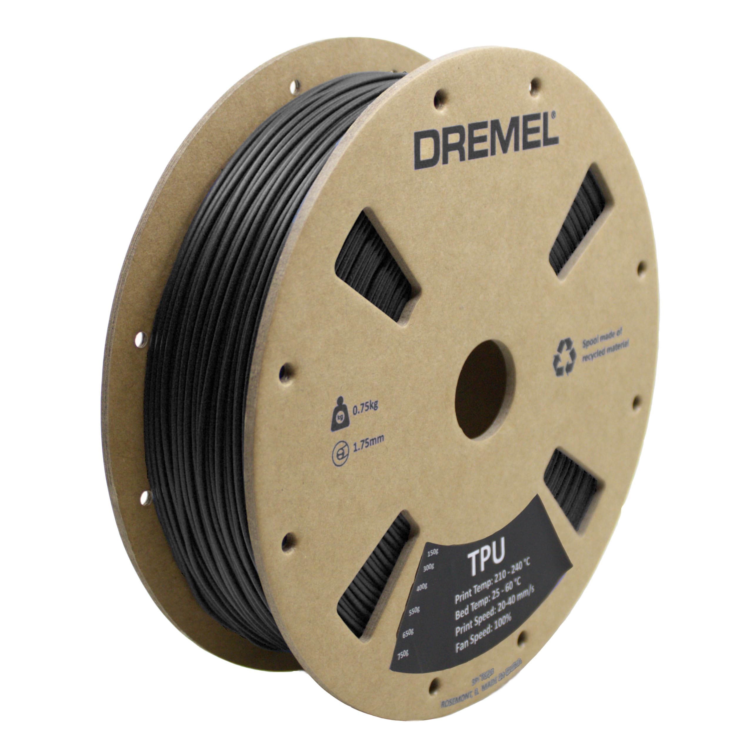Dremel TPU-BLA-01 3D Printer Black Flexible Filament, 1.75 mm Dia., 0.75 kg Spool Weight, RFID Enabled, New Cardboard Spool