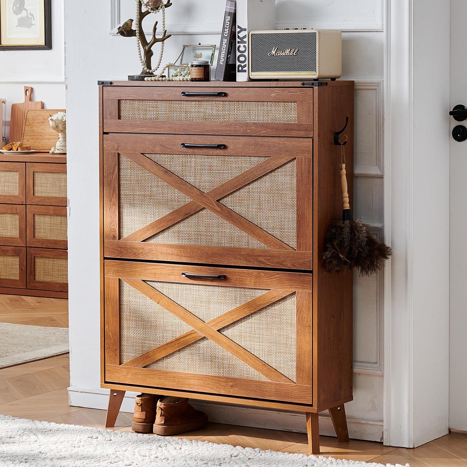 LELELINKY Shoe Storage Cabinet for Entryway with 2 Rattan Flip Drawers, Boho Narrow Shoe Cabinets for 16-20 Pairs Shoes with Large Drawers, Hidden Slim Shoe Rack with Wood Legs for Hallway, Tea Brown