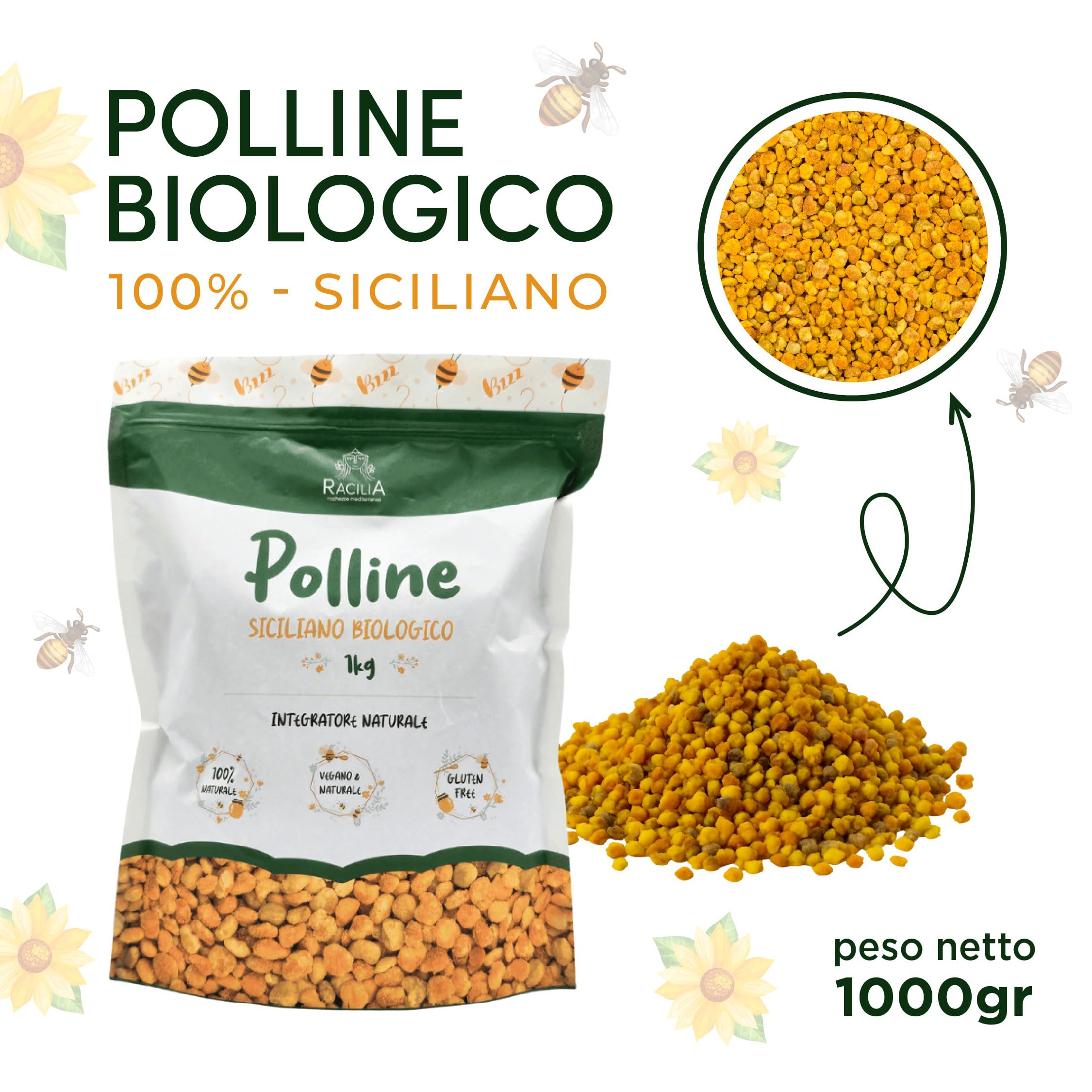 RACILIA Polline d'Api Biologico Italiano in Granuli - 100% Naturale da Agricoltura Biologica Siciliana - 1kg
