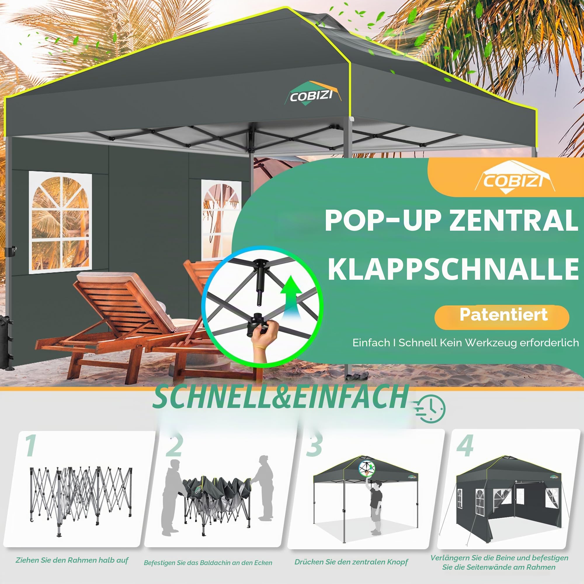 COBIZI Pavillon 3x3m Wasserdicht Stabil Winterfest Faltpavillon Partyzelt Gartenpavillon Pop Up Pavillon Klappbar Zelt mit 4 Seitenwnden Belüftungsöffnungen, Sandsack für Markt, Freien Event,Grau