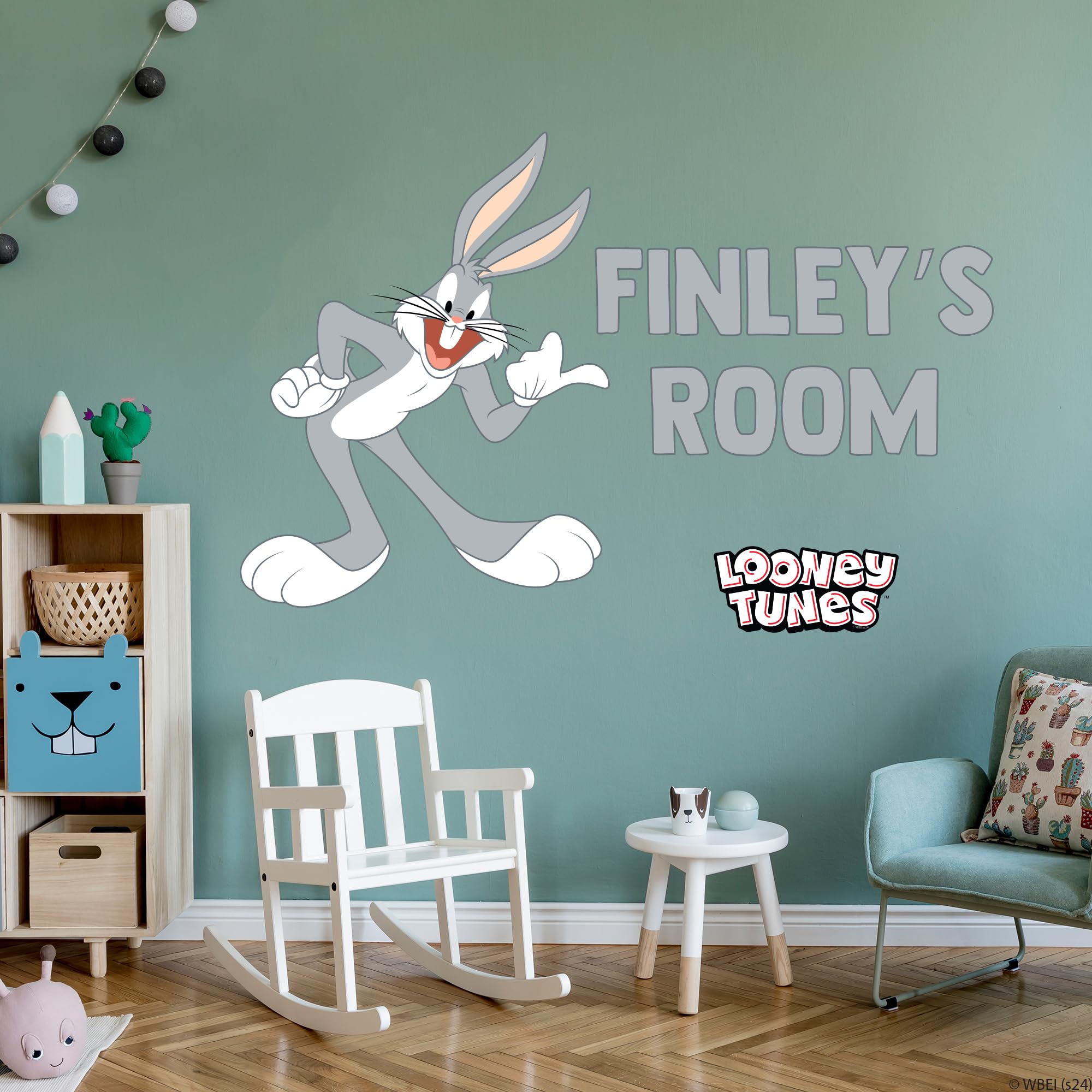 Themed Blue Looney Tunes Wall Sticker - Bugs Bunny Pointing At Personalised Name Wall Decal Art (90Cm Width X 60Cm Height)
