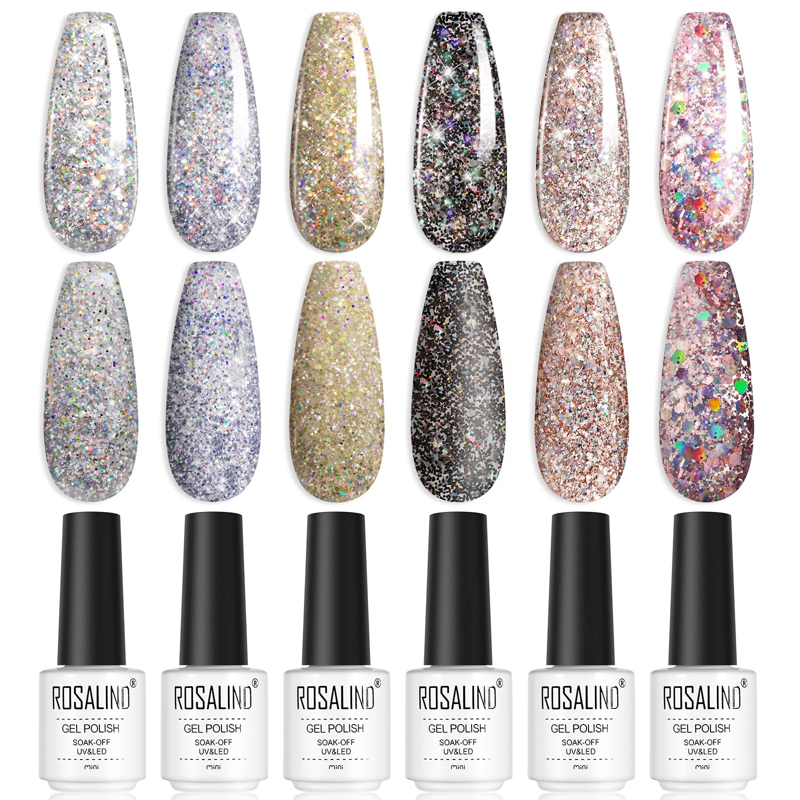 ROSALIND Esmaltes Semipermanentes Para Uñas en Gel UV LED, 6 Colores Plata Amarillo Negro Rosa Glitter Pintauñas Semipermanentes Para Principiantes Manicura