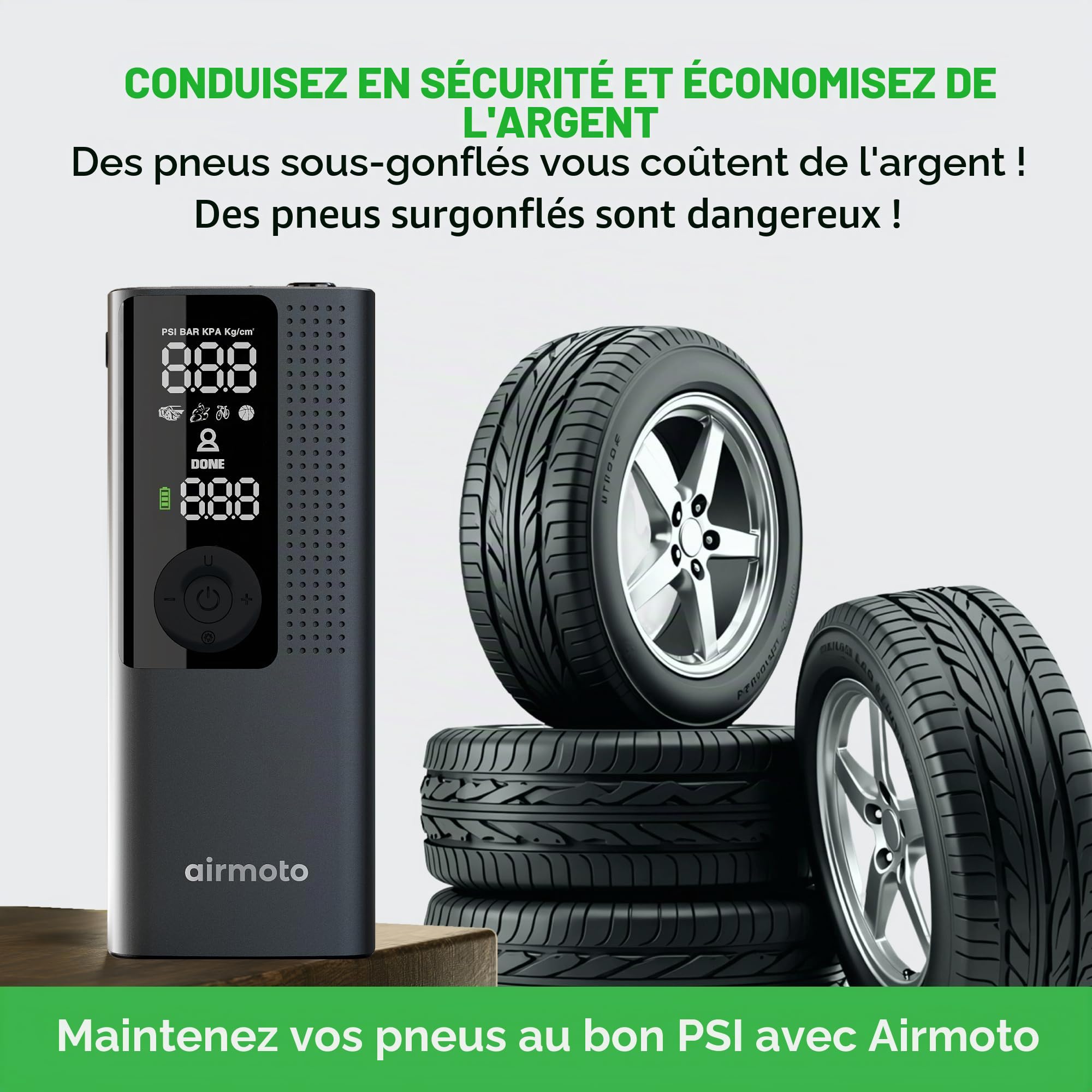 Airmoto Compresseur d'air portable – Pompe intelligente pour voiture, moto, vélo et plus – Comprend un manomètre de pression des pneus