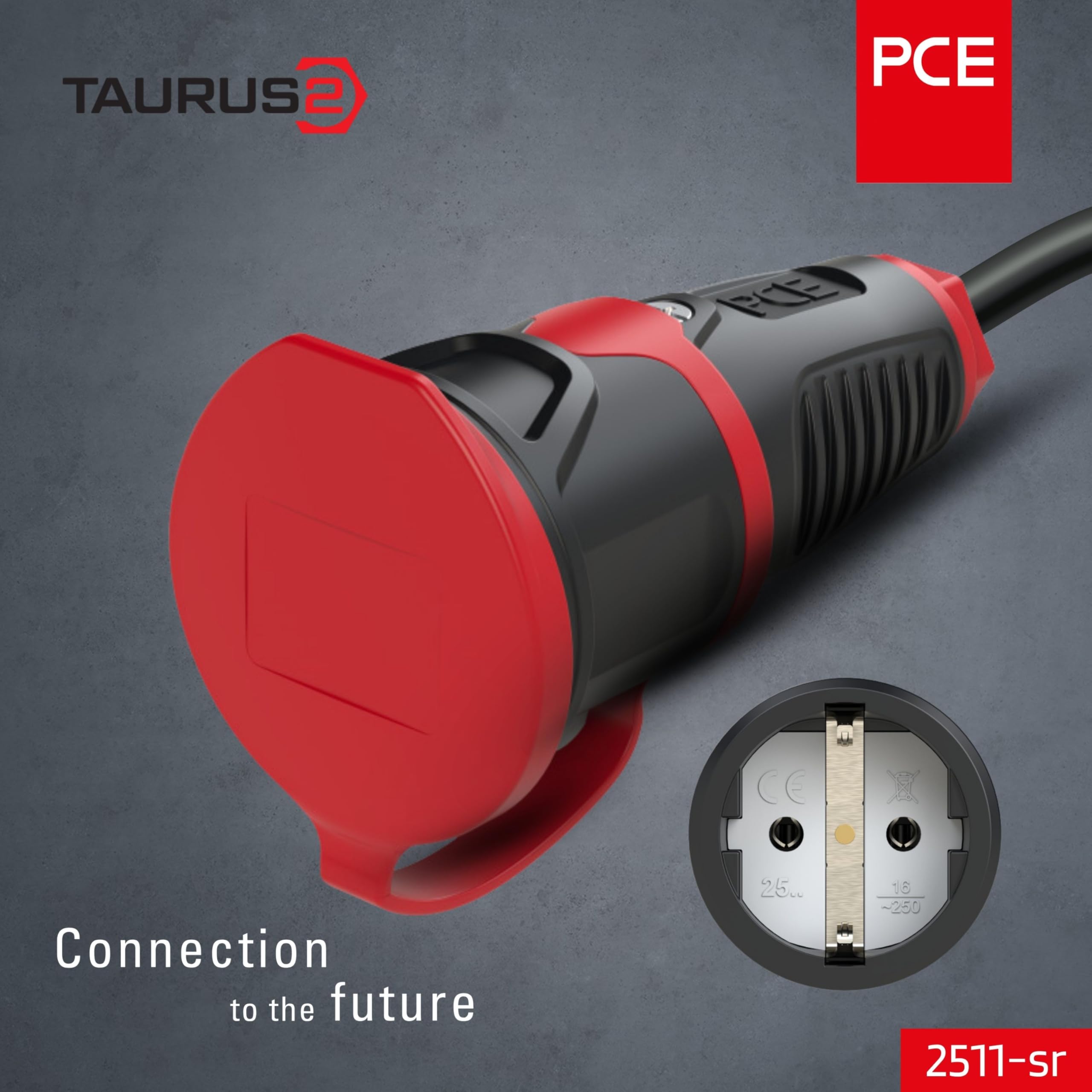 PCE 2511-SR Złącze Gumowe Taurus2 IP54, Gniazdo Przenośne z Pokrywą, Czarne | Wytrzymałe złącze 2-biegunowe 16A 250V, odporna guma TPE i PA6, bryzgoszczelność IP54 do trudnych warunków.