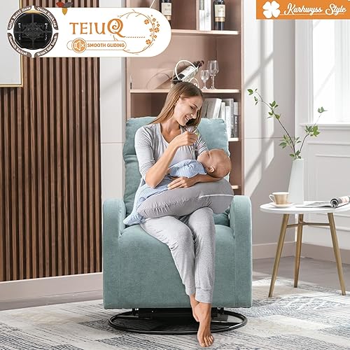 Miniatura 6 de Kurhwyss Silla giratoria para guardería, moderna silla mecedora con respaldo alto y bolsillo de almacenamiento, mecedora tapizada con base de metal