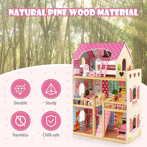 Miniatura 6 de HONEY JOY Casa de muñecas rosa, casa de muñecas de madera para niños con balcón y escaleras, 15 piezas de accesorios y muebles incluidos, juguete