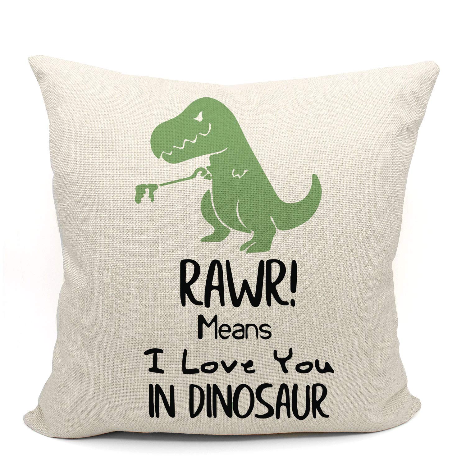Mancheng-zi RAWR Means I Love You in Dinosaur Pillowcase for Son Daughter Children, Funny Cotton Linen Cushion Cover Decoration for Sofa Couch Bed 18 x 18 Inch(Tyrannosaurus)