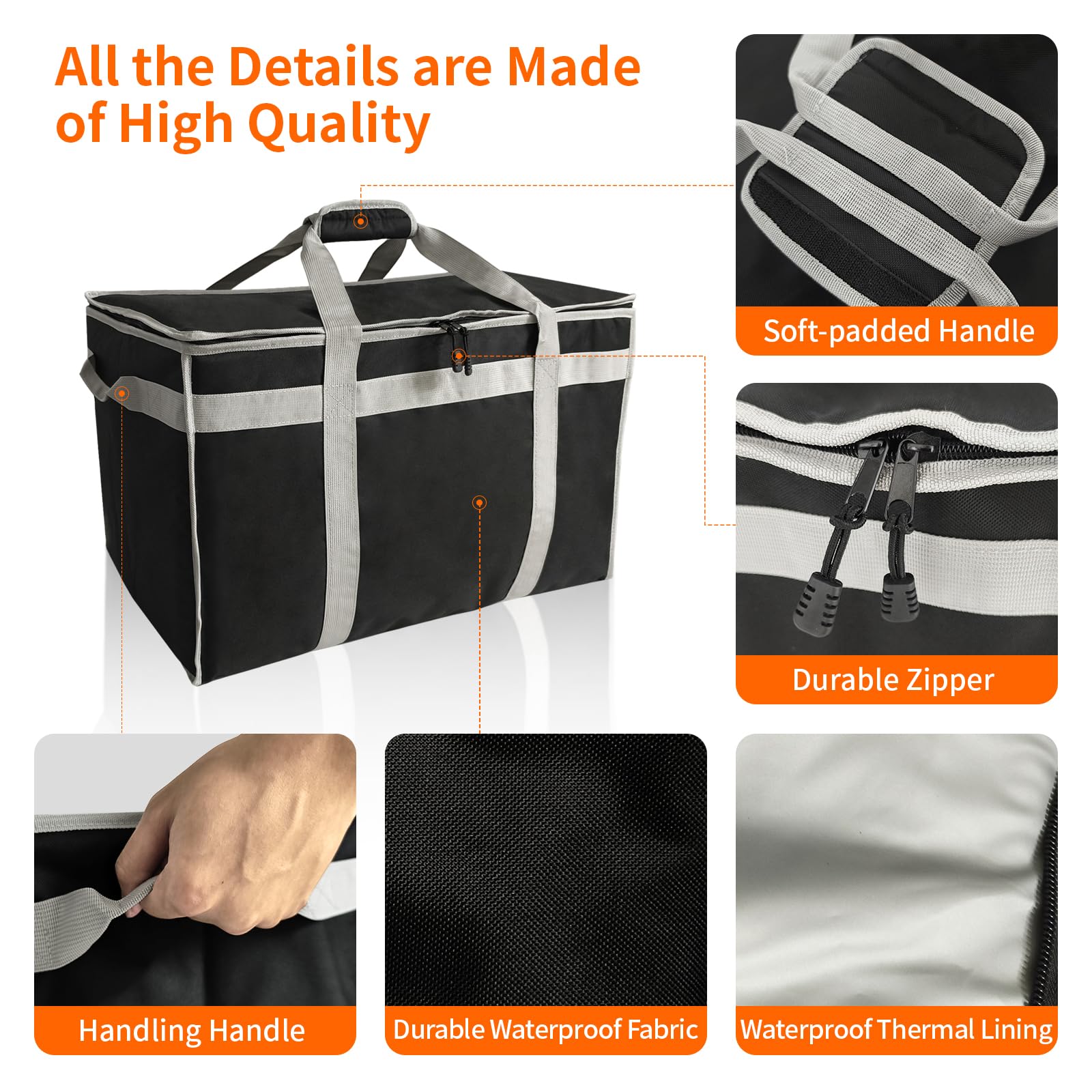 D&ONEHOS Isolierte Lebensmittel-Liefertasche, Schwarz und silberfarbenes Gurtband, XXXL 23" x 14" x 15", Commercial XXXL