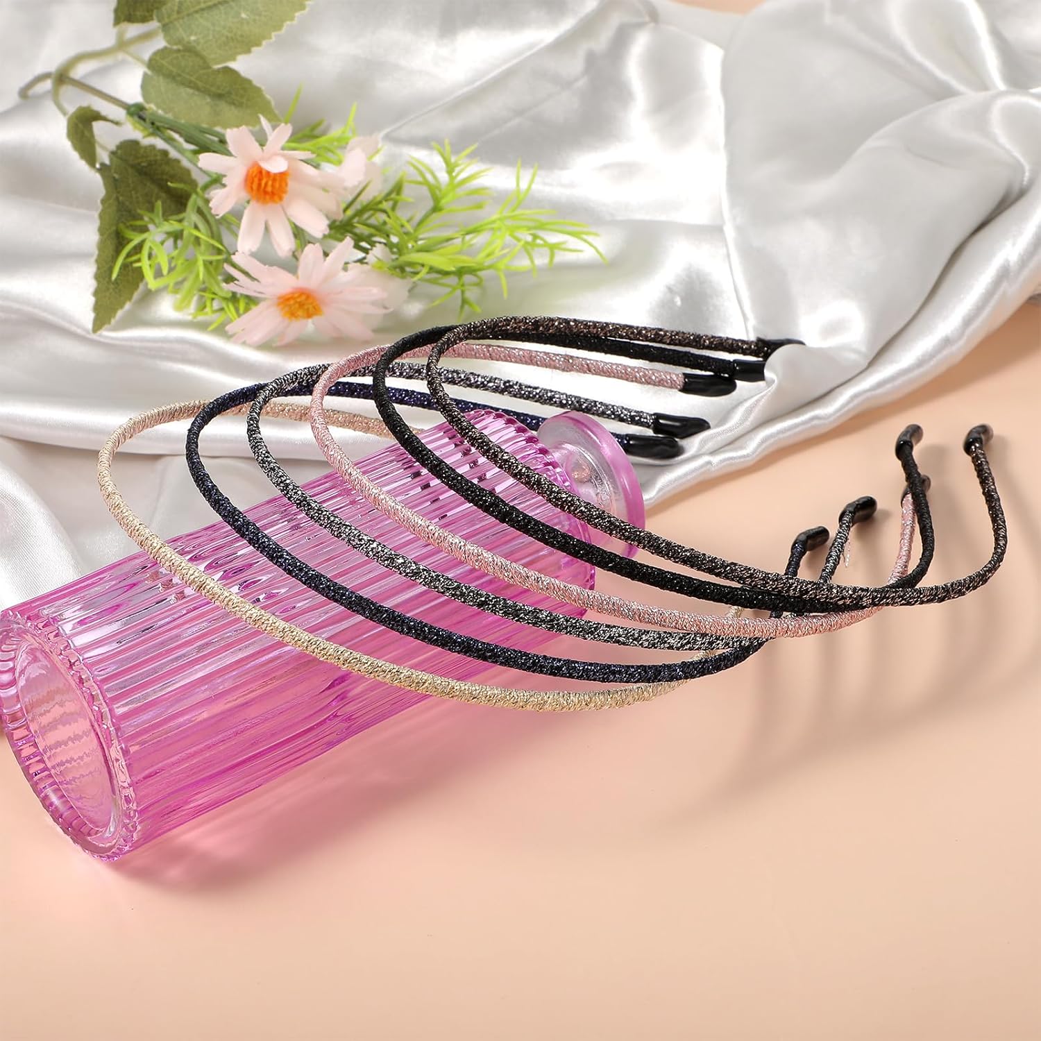 6 PCS Plastic Headbands for Women, 6 Colors 4mm Skinny Headband, No Slip Thin Headband Elastic Hair Hoop Holder Comfortable Hair Band Sparkly Hairs Accessories For Valentine's Day Lady Women - Image 5