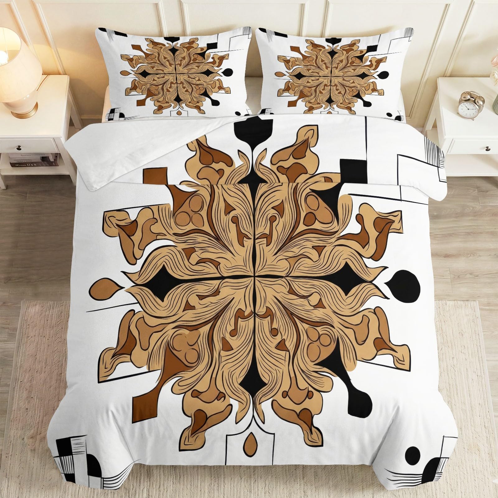 Kunst Eleganz Mandala Blumen Bettwäsche Set 240 x 220 cm, Beige Bettbezug Set Weich Komfort Mikrofaser Bettwäsche 3teilig für Geschenke Zimmer Deko mit Reißverschluss und 80x80 cm Kissenbezug