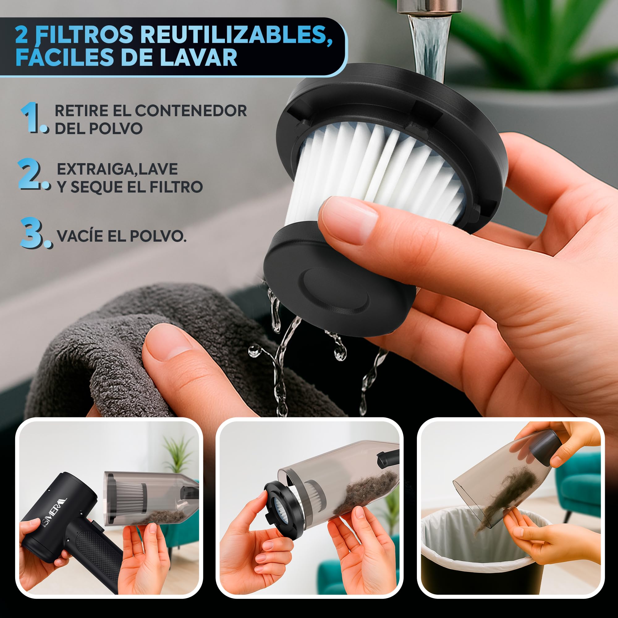 SUPER Aspirador de Mano, 26000Pa , 2 en 1 Soplador- Aspirador coche + 7 boquillas Aspiradora de Mano sin Cable , para Coche Oficina Hogar Cocina Pelo de Mascota, aspirador coche potente recargable