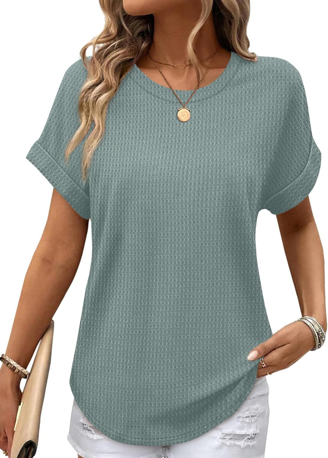 Sampeel Summer Tops for Women 2026 Trendy Rolled Short Sleeve Shirts Waffle Knit Crew Neck Tops Curved Hem Fashion Clothing