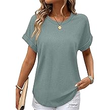 Summer Tops for Women 2026 Trendy Rolled Short Sleeve Shirts Waffle Knit Crew Neck Tops Curved Hem Fashion Clothing