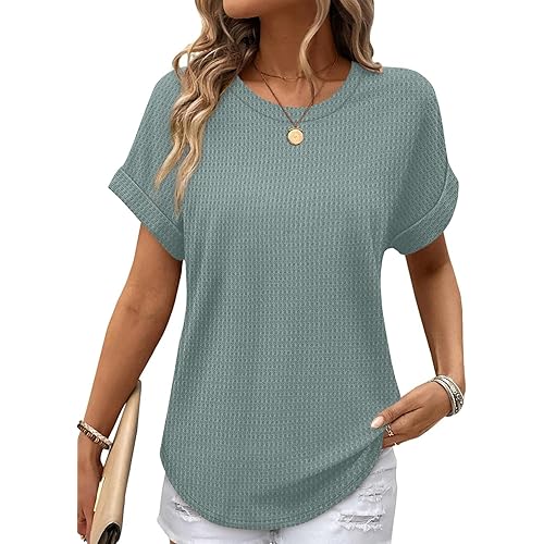 Sampeel Summer Tops for Women 2026 Trendy Rolled Short Sleeve Shirts Waffle Knit Crew Neck Tops Curved Hem Fashion Clothing