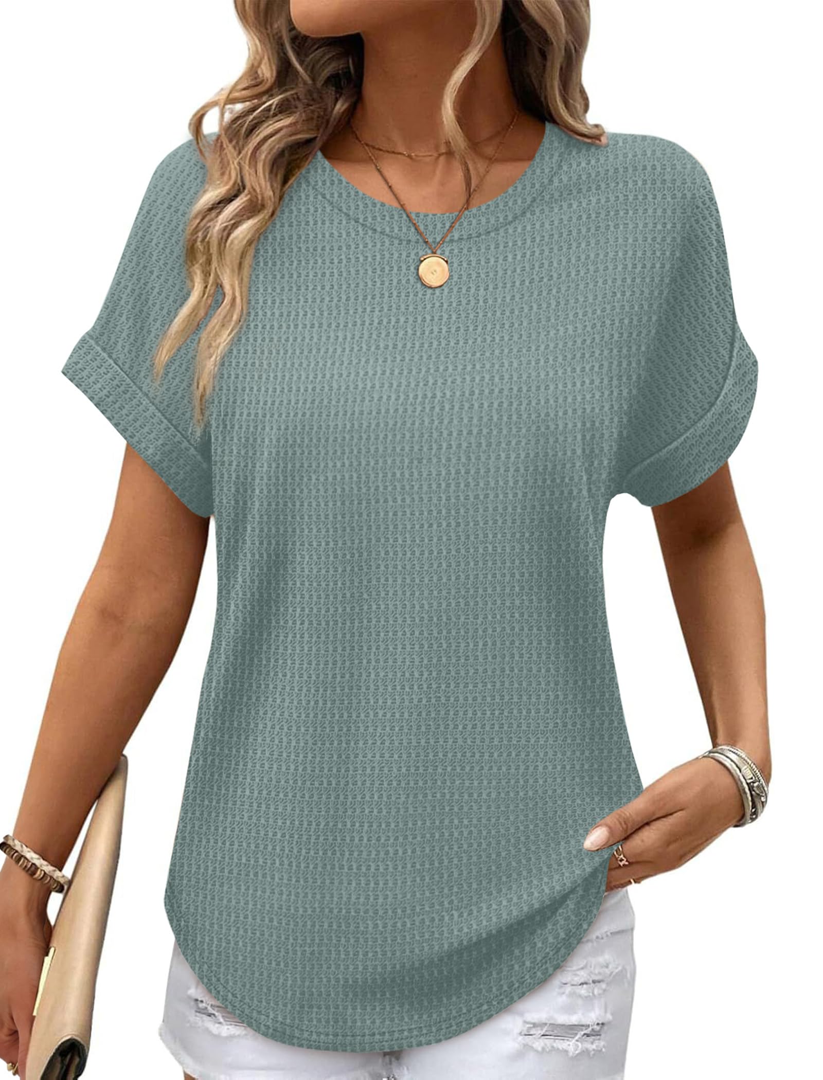 Sampeel Summer Tops for Women 2026 Trendy Rolled Short Sleeve Shirts Waffle Knit Crew Neck Tops Curved Hem Fashion Clothing