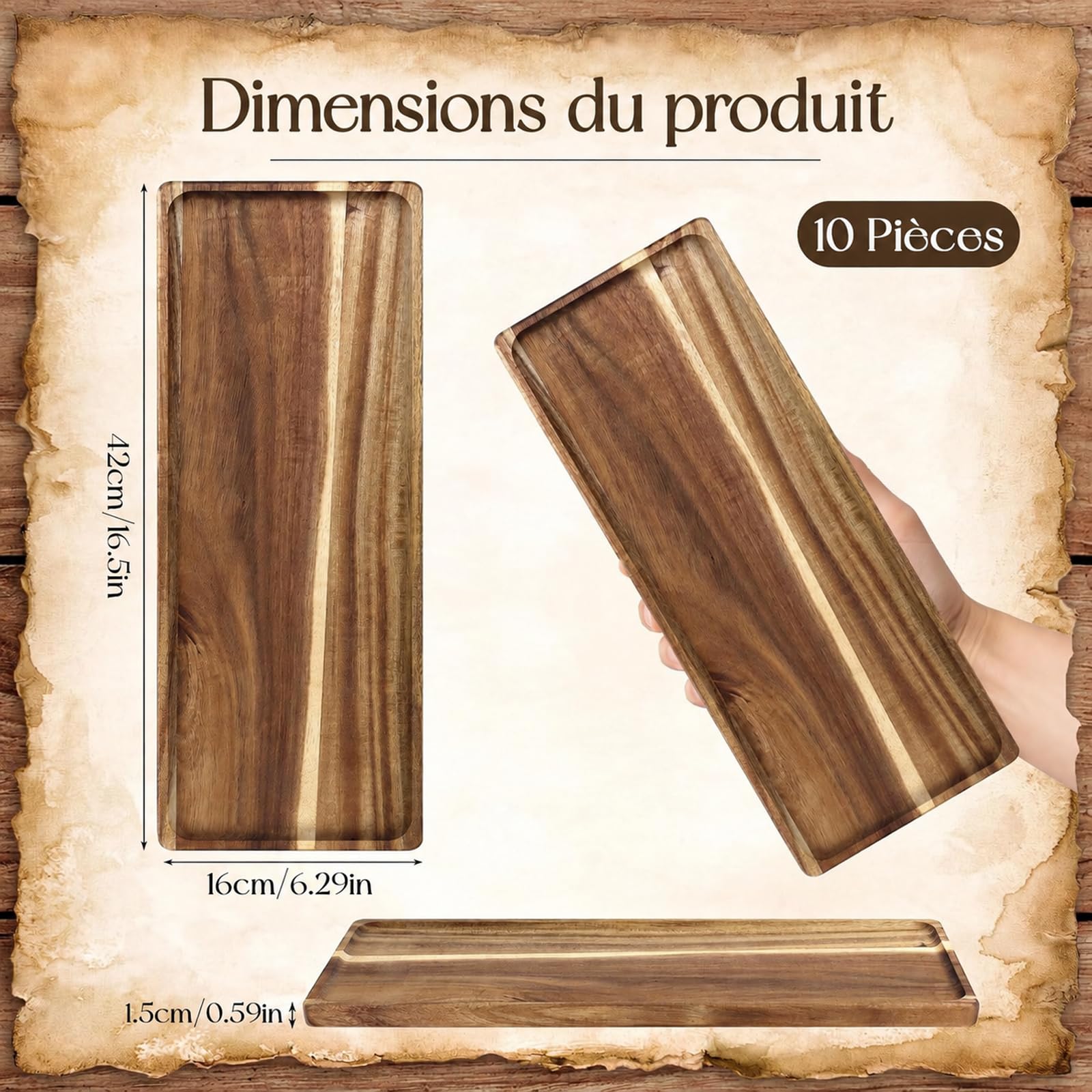 Lot de 10 Plateaux de Service Rectangulaires en Bois d'Acacia, 42 x 16 cm