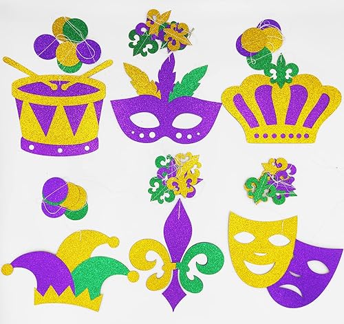 Miniatura 3 de JKQ 6 piezas de decoraciones colgantes de Mardi Gras con purpurina dorada morado verde corona de Mardi Gras guirnaldas de flor de lis marzo de Nueva