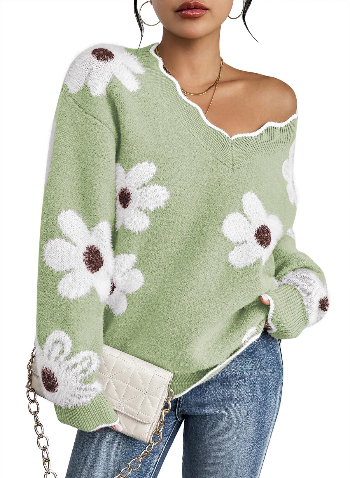 Kisscynest Womens V Neck Oversized Fuzzy Sweaters 2025 Casual Long Sleeve Chunky Knit Pullover Tunic Jumper Tops