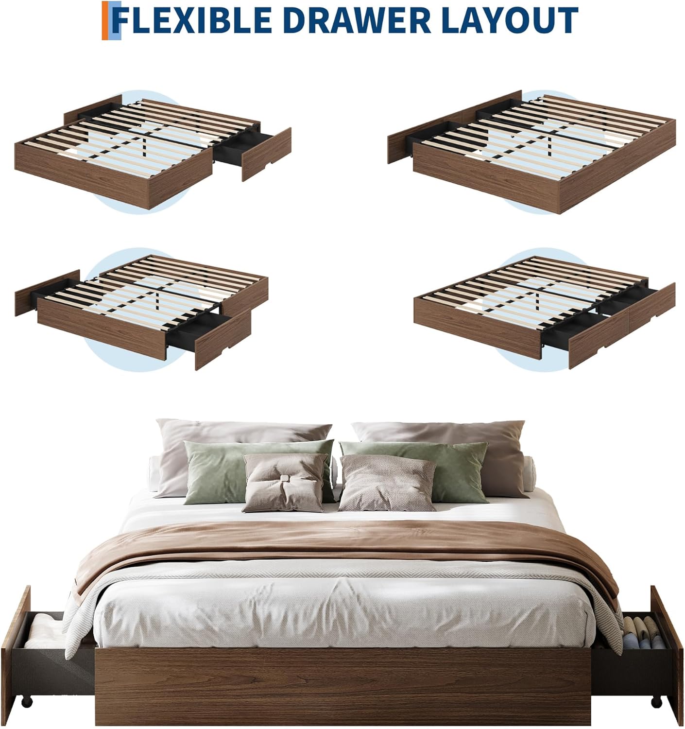 GarveeHome Queen Size Wood Platform Bed Frame with 2 Storage Drawers, Wooden Bed Frame Without Headboard, Wood Slat Support, No Box Spring Needed, Easy Assembly