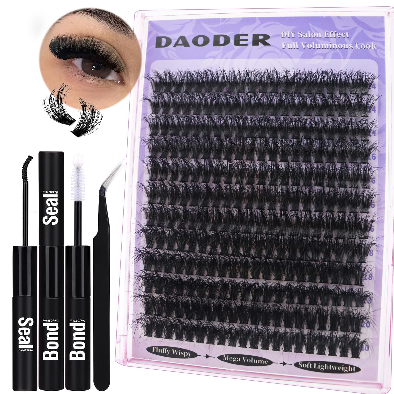 DAODER Wispy Lash Extension Kit 14-20MM Long Cluster Eyelash Extensions 200D Thick Volume Fluff Lashes Clusters D Curl Soft Lightweight with Bond and