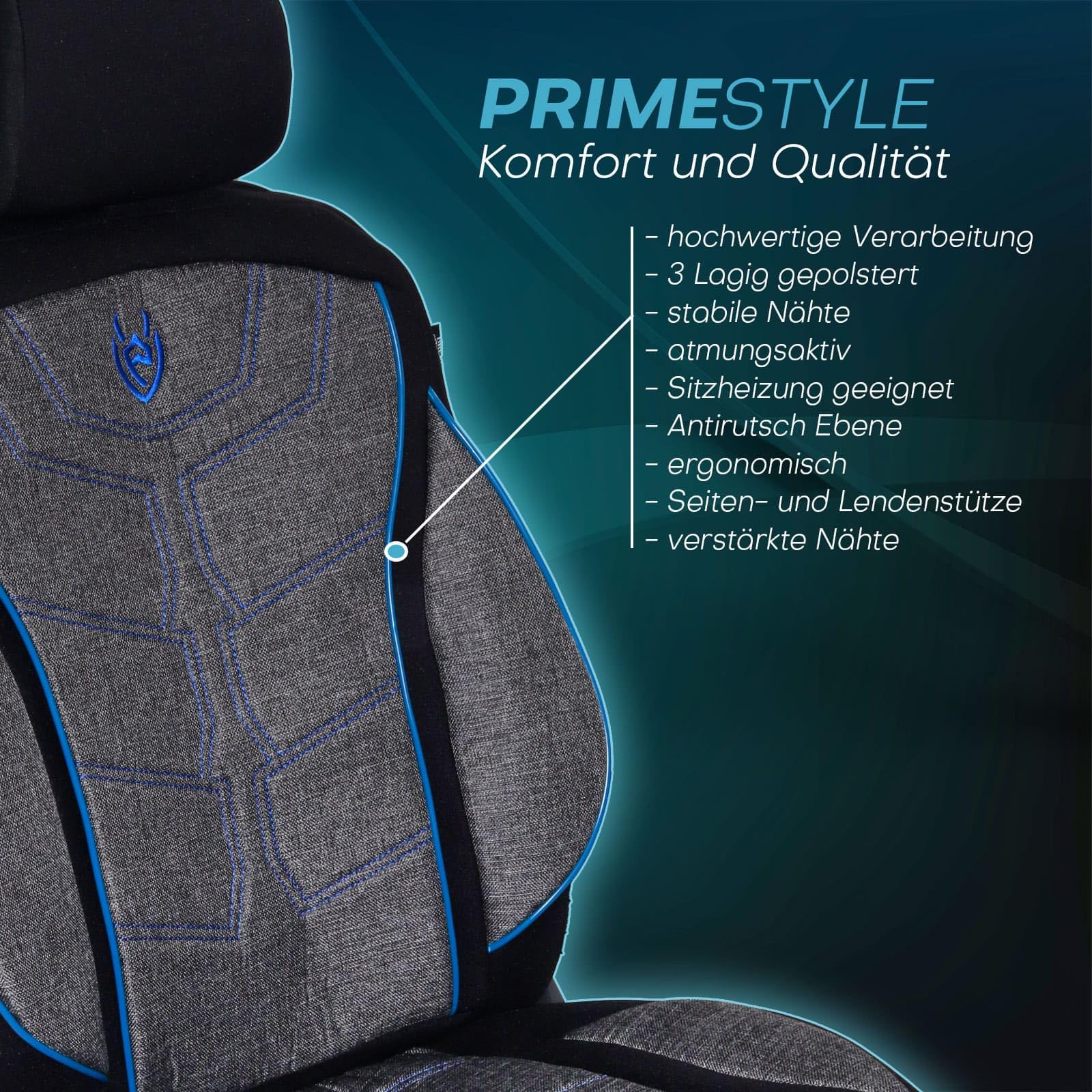 Fundas de asiento aptas para BMW 3 | Color: negro y azul | Modelo: Prime MT | Fundas de asiento | Fundas de asiento | MT3