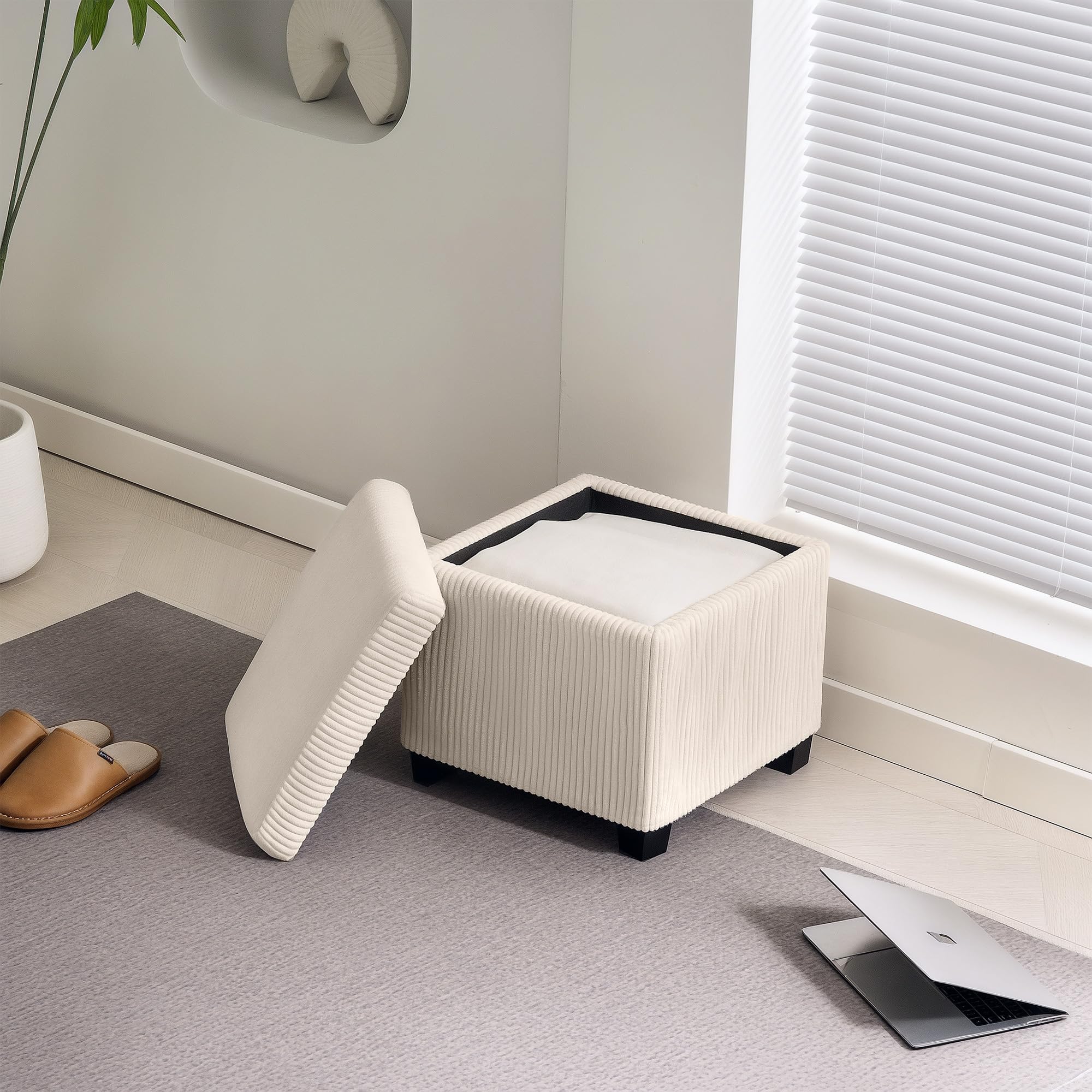 HOMCOM 40 cm quadratische Ottomane Aufbewahrungsbox mit abnehmbarem Deckel, gepolsterter Cord-Fußhocker, Fußstütze für Wohnzimmer, Schlafzimmer, Eingangsbereich, Beige