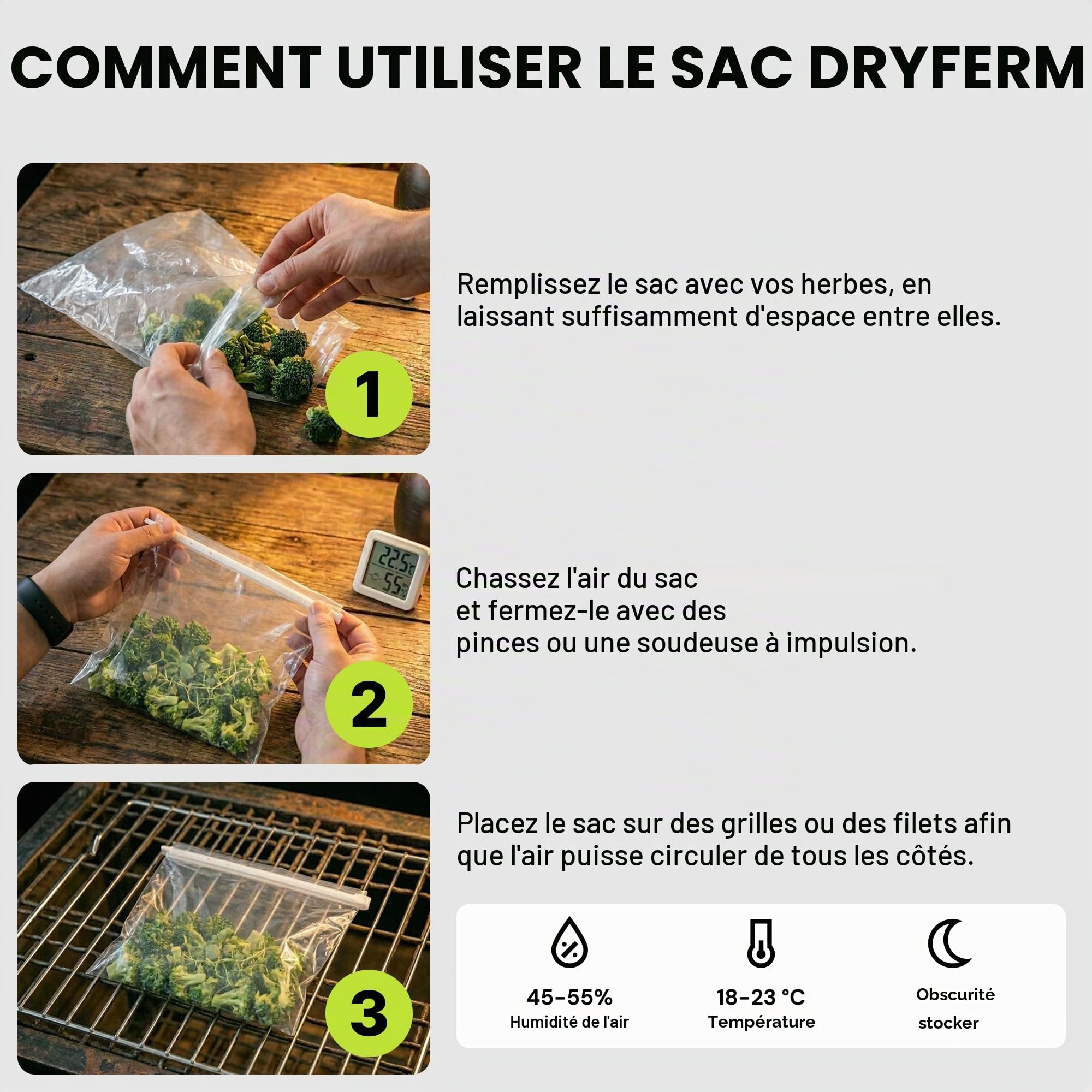Dschinni DryFerm Curing Bags Lot de 3 sacs de séchage (30 x 50 cm) avec film Weedmaster – 55 % RLF pour herbes et fleurs, protection contre l'oxydation | Sacs étanches de qualité supérieure avec film de protection UV