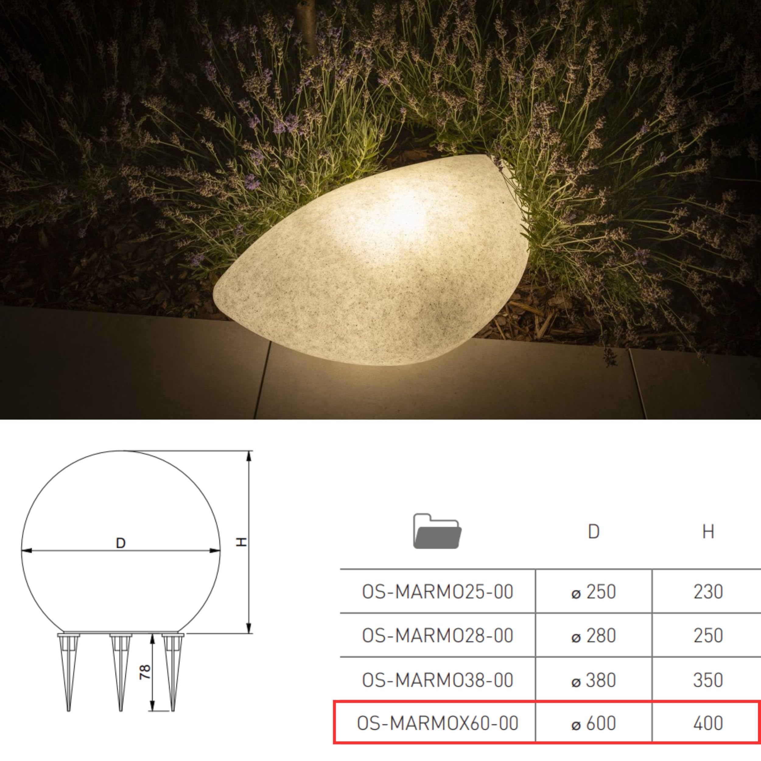 GTV – Außenleuchte MARMO STONE Ø60 cm, Gartenkugel mit 2x E27-Fassung, 2,5 m Kabel, Steinoptik, wetterfeste Gartenlampe aus Polycarbonat, Leuchtkugel für Rasen & Außenbereiche
