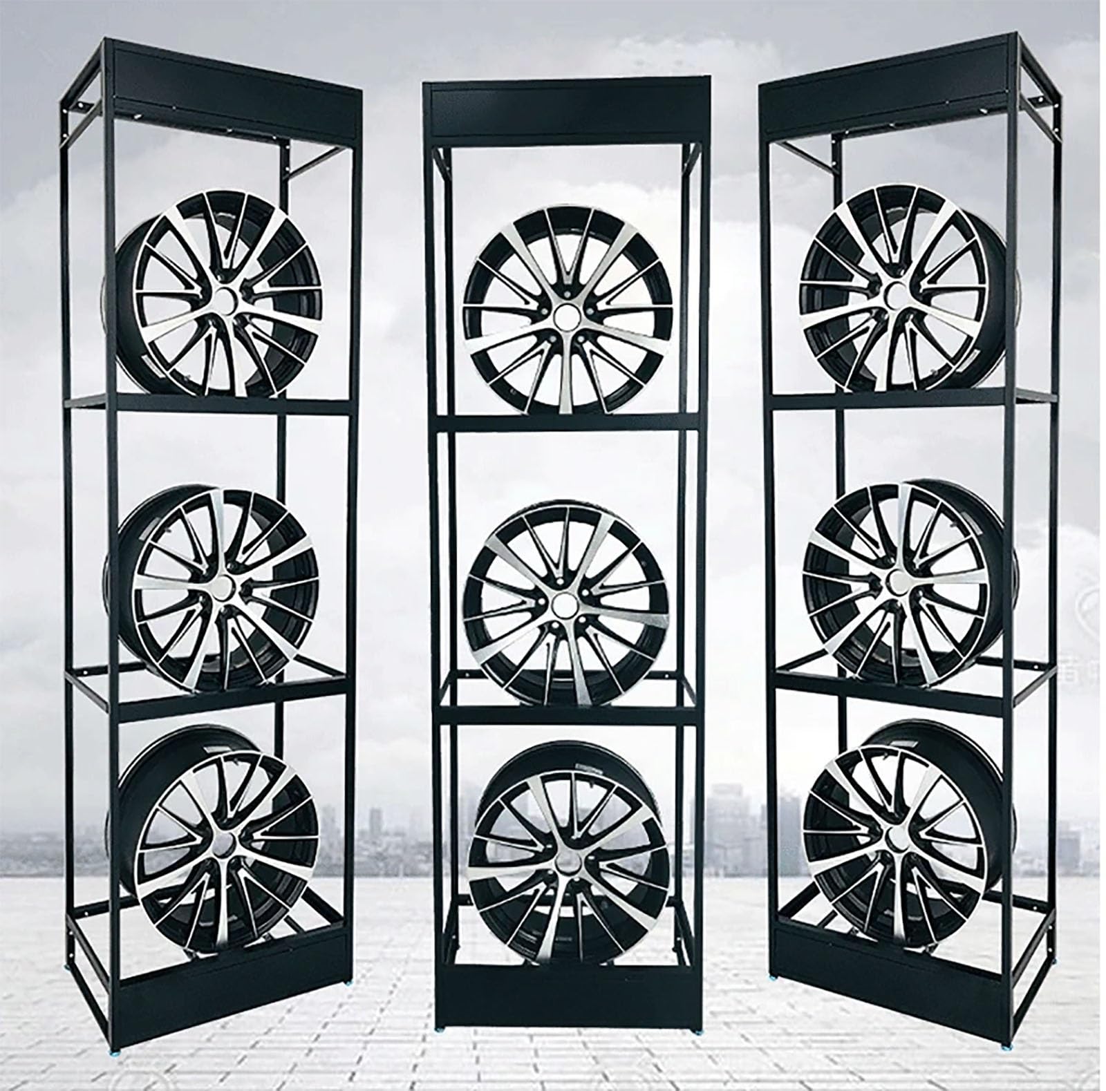 Porta Pneumatici, espositore per mozzi Antiscivolo con cartellone pubblicitario, Porta Pneumatici Anti-Vibrazione per Pneumatici Estivi e da Neve, Organizer per Pneumatic