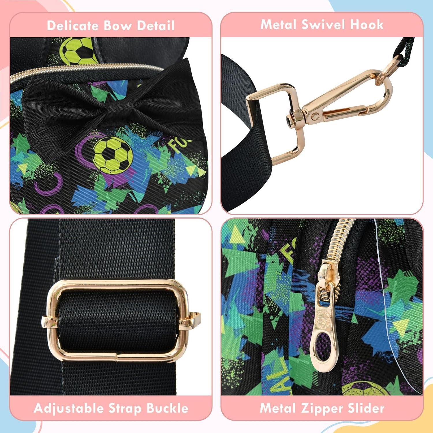 Sinestour Soccer Ball Kids Sling Bag for Girls, 7.5"x3.1"x5.7" | Crossbody Fanny Pack, Toddler Purse, Cute Sling Belt Bag with Ears, 2L Small Shoulder Chest Bag for Travel