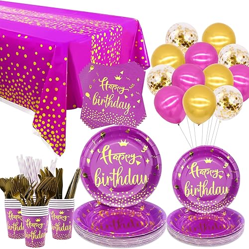 Suministros de fiesta de color morado y dorado, incluyendo platos, vasos, servilletas, pajitas, manteles, globos, para decoración de boda,