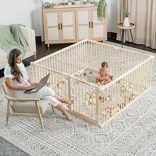 Miniatura 2 de Corralito para bebés y puerta de bebé para niños pequeños y bebés, plegable de madera de forma grande y tamaño ajustable, valla de juego con centro