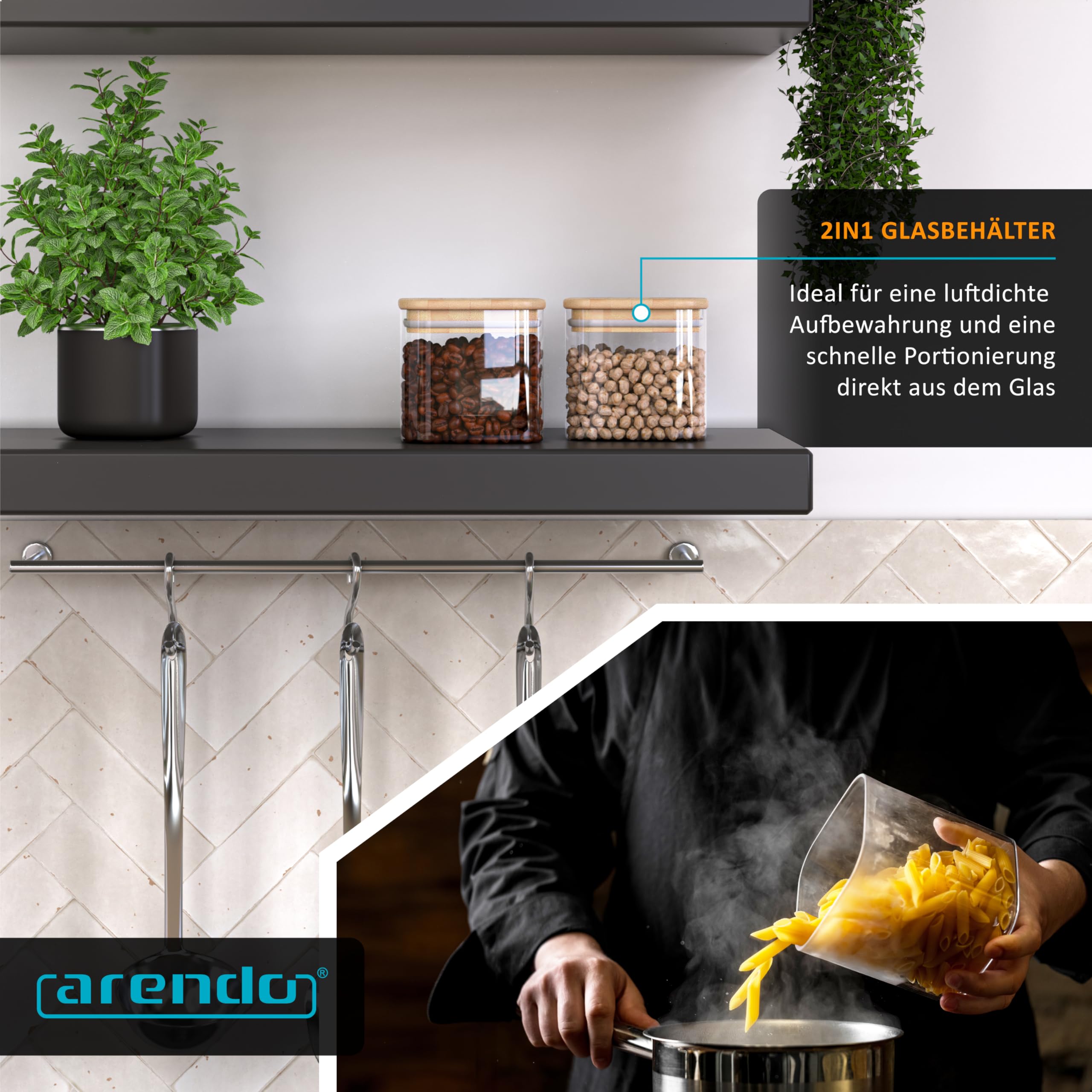 Arendo - Vorratsbehälter 800ml mit Deckel - 8er Set - Behälter aus Glas – hitzebeständig – Vorratsdosen/Vorratsgläser mit Bambusdeckel - luftdicht - für Müsli Zucker Mehl Kaffee Reis
