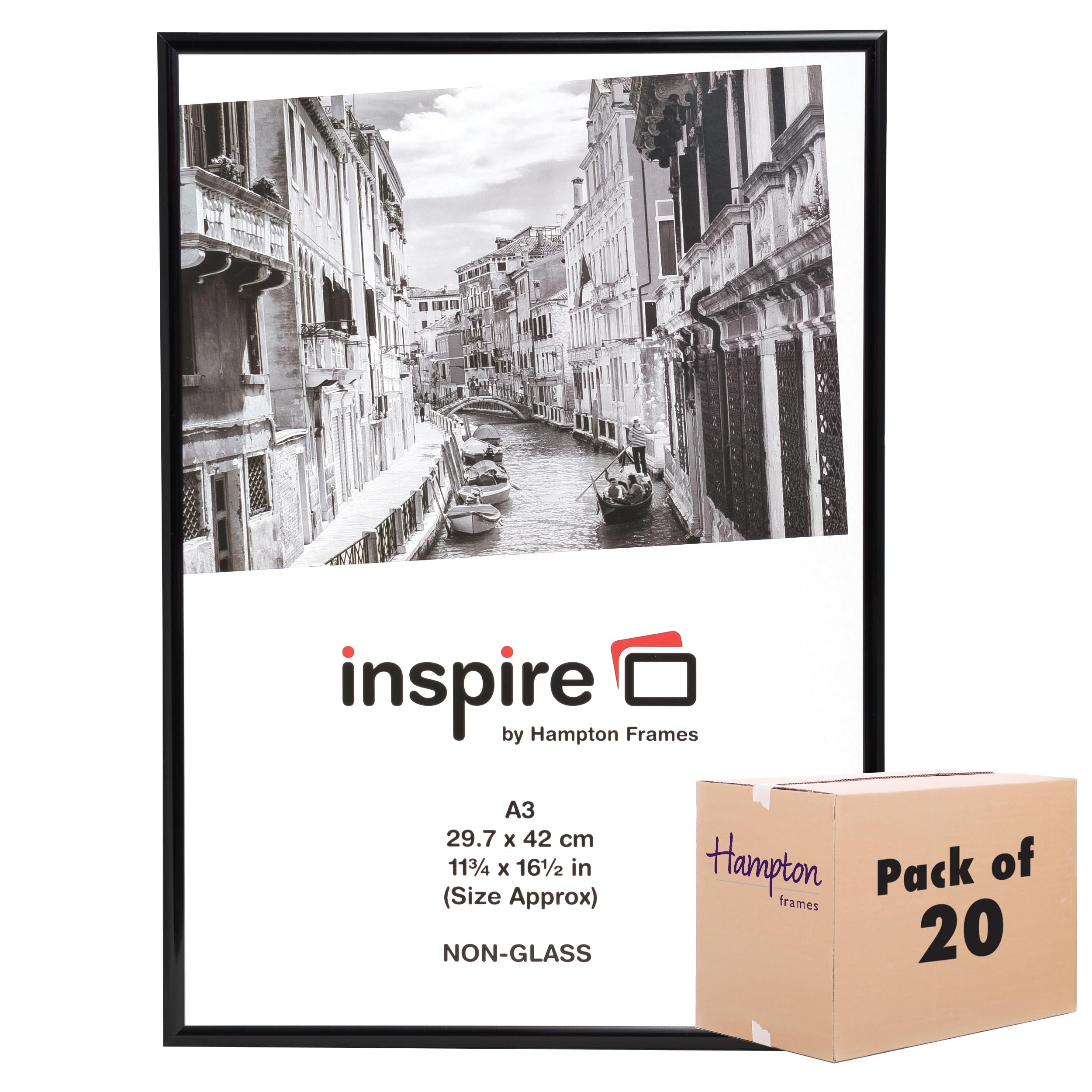 Hampton Frames Black Aluminium A3 (30X42cm) - Bulk Box Of 20 - Poster Frame Acrylic (Non-Glass) Front Paafa3bblkx-Box20