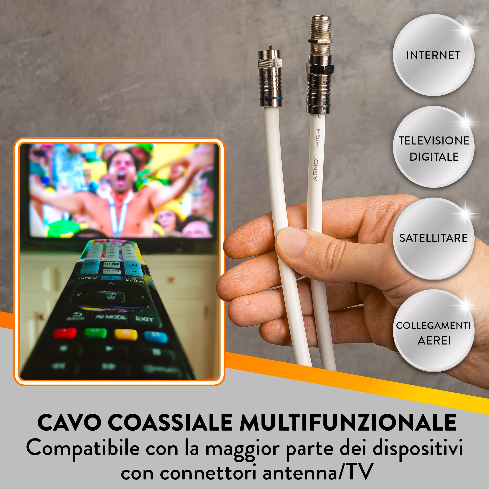 ASNQ Cavo Antenna TV 1 metri RG6 75 OHM - Cavo Coassiale premium ad Alta Velocità, per connessioni Internet, TV Digitale, Satellite, Antenna - Con 4 Connettori per prolunghe Cavi