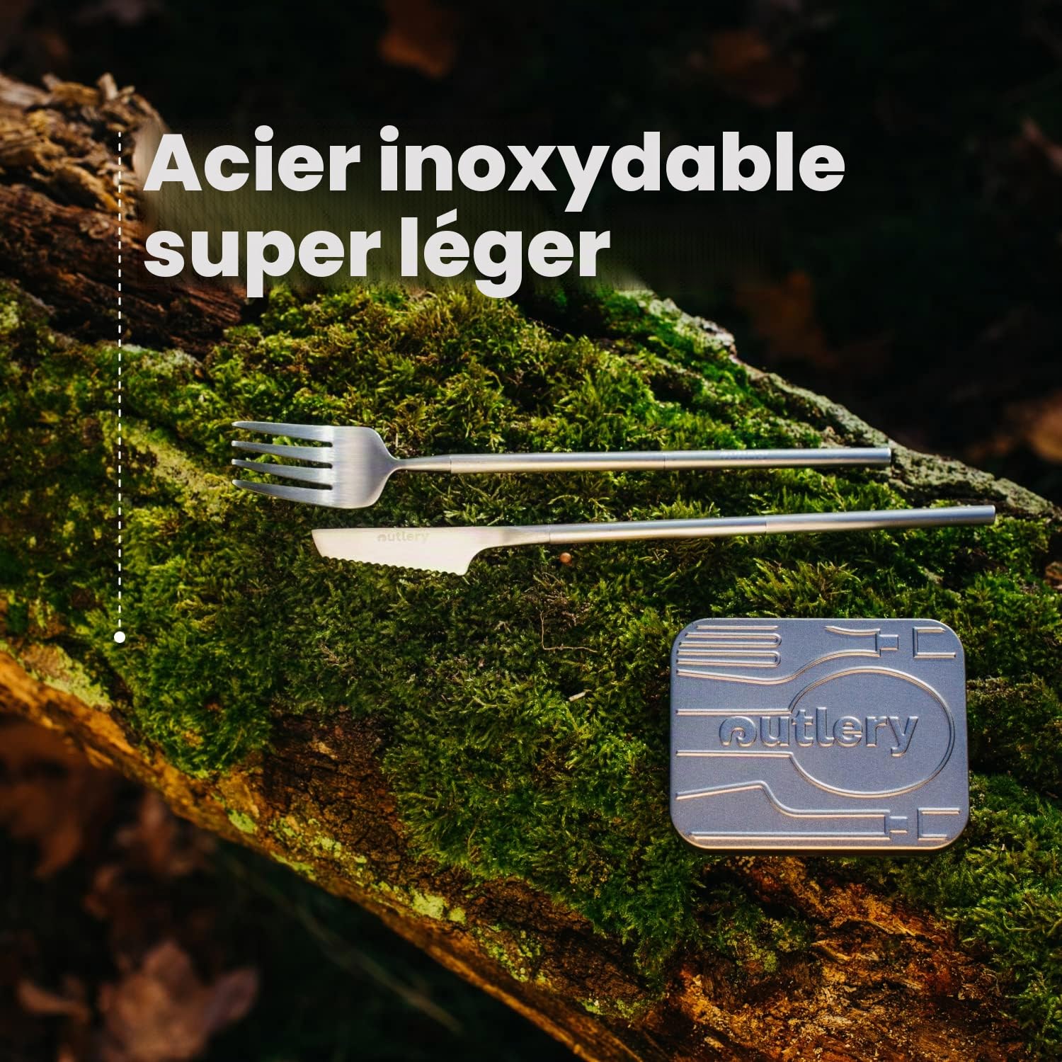 Outlery | Set de Couverts de Voyage Portables et Réutilisables en Acier Inoxydable (Argent Brut) - Étui de Voyage Inclus pour un Transport Facile