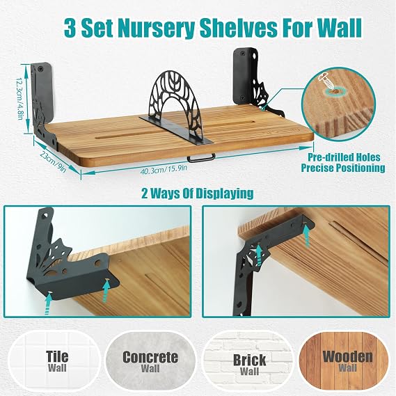 Floating Book Shelves for Wall Set of 3, 17 Inch Adhesive Wood Hanging Book Shelf Decor, Small Wooden Bookshelf Wall Mounted Storage for Living Room Bathroom Bedroom Office Kitchen