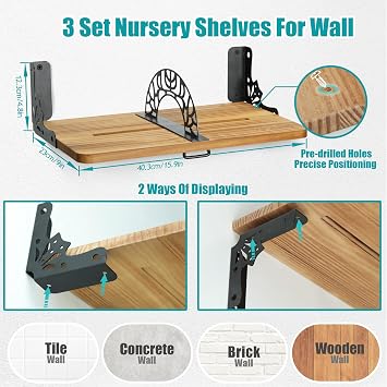 Floating Book Shelves for Wall Set of 3, 17 Inch Adhesive Wood Hanging Book Shelf Decor, Small Wooden Bookshelf Wall Mounted Storage for Living Room Bathroom Bedroom Office Kitchen
