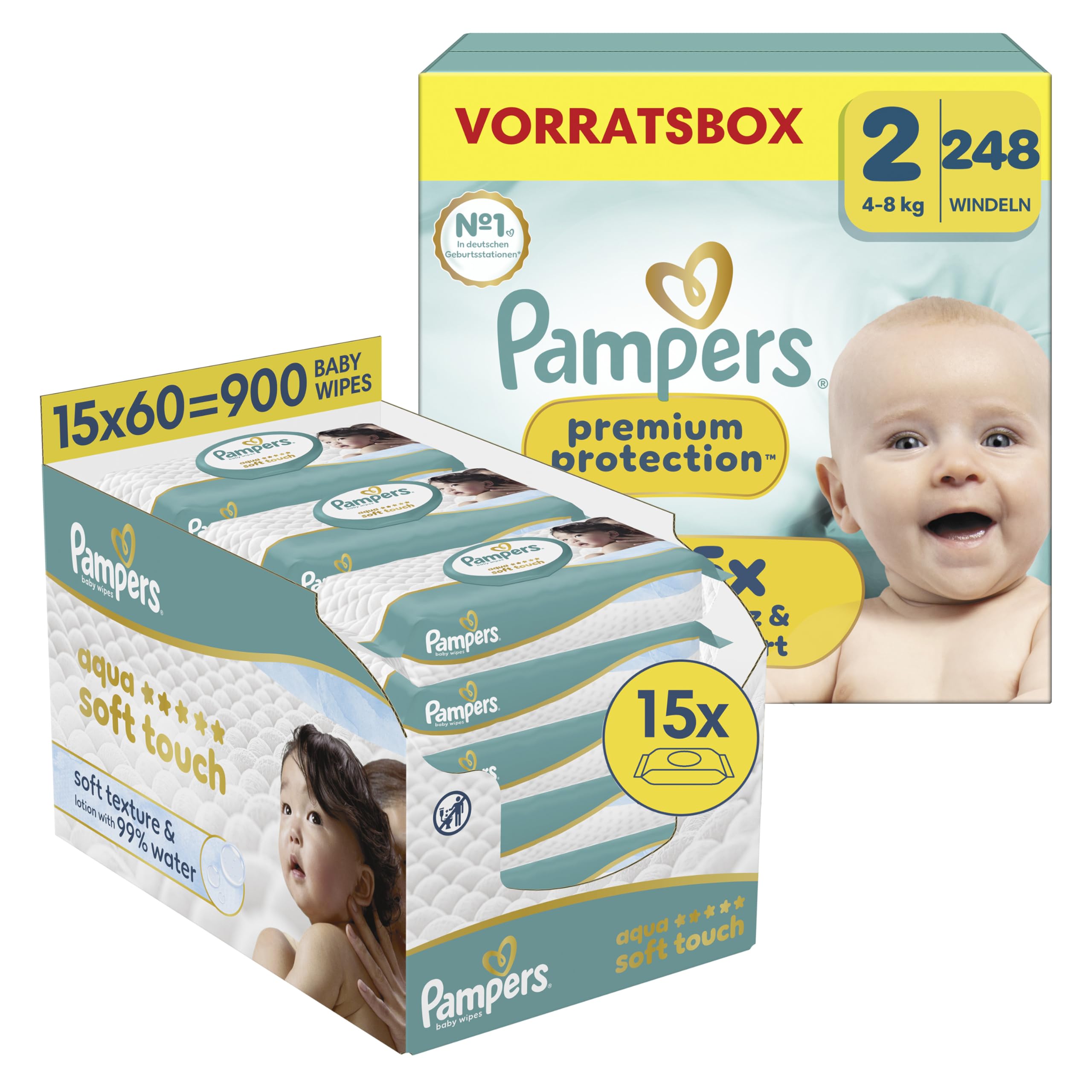 Pampers Premium Protection Größe 2, 248 Windeln, 4kg-8kg, + Pampers Aqua Soft Touch Baby-Feuchttücher, 15 Packungen mit 60 Feuchttüchern 900 Baby-Feuchttücher