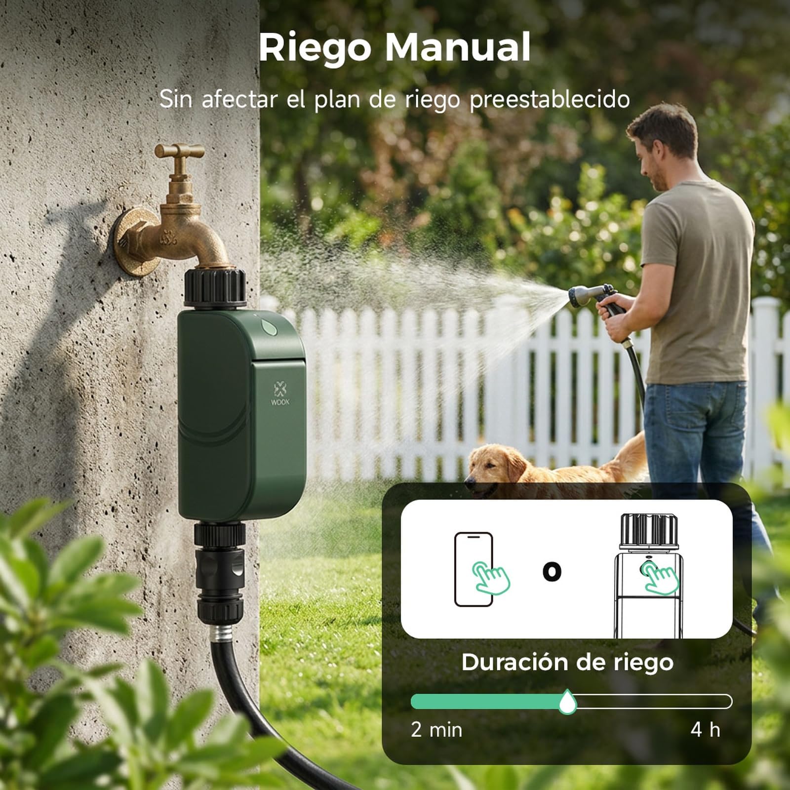 Woox Programador de Riego WiFi Inteligente, Sin Hub Requerido | 8 Programas de Riego, Wi-Fi 2,4 GHz, control vía app, Alexa/Google Assistant, IP65, Retardo por lluvia, Riego manual.