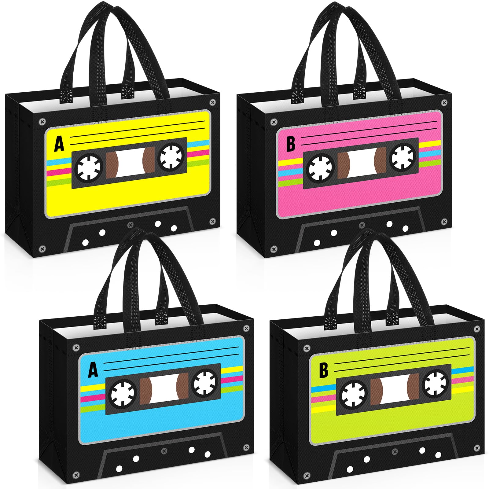 WILLBOND 16 Pcs 80s 90s Party Favor Bags 12.2 x 8.3'' Reusable Non Woven Cassette Tape Grocery Bags with Handles Retro 1980s Hip Hop Goodie Candy