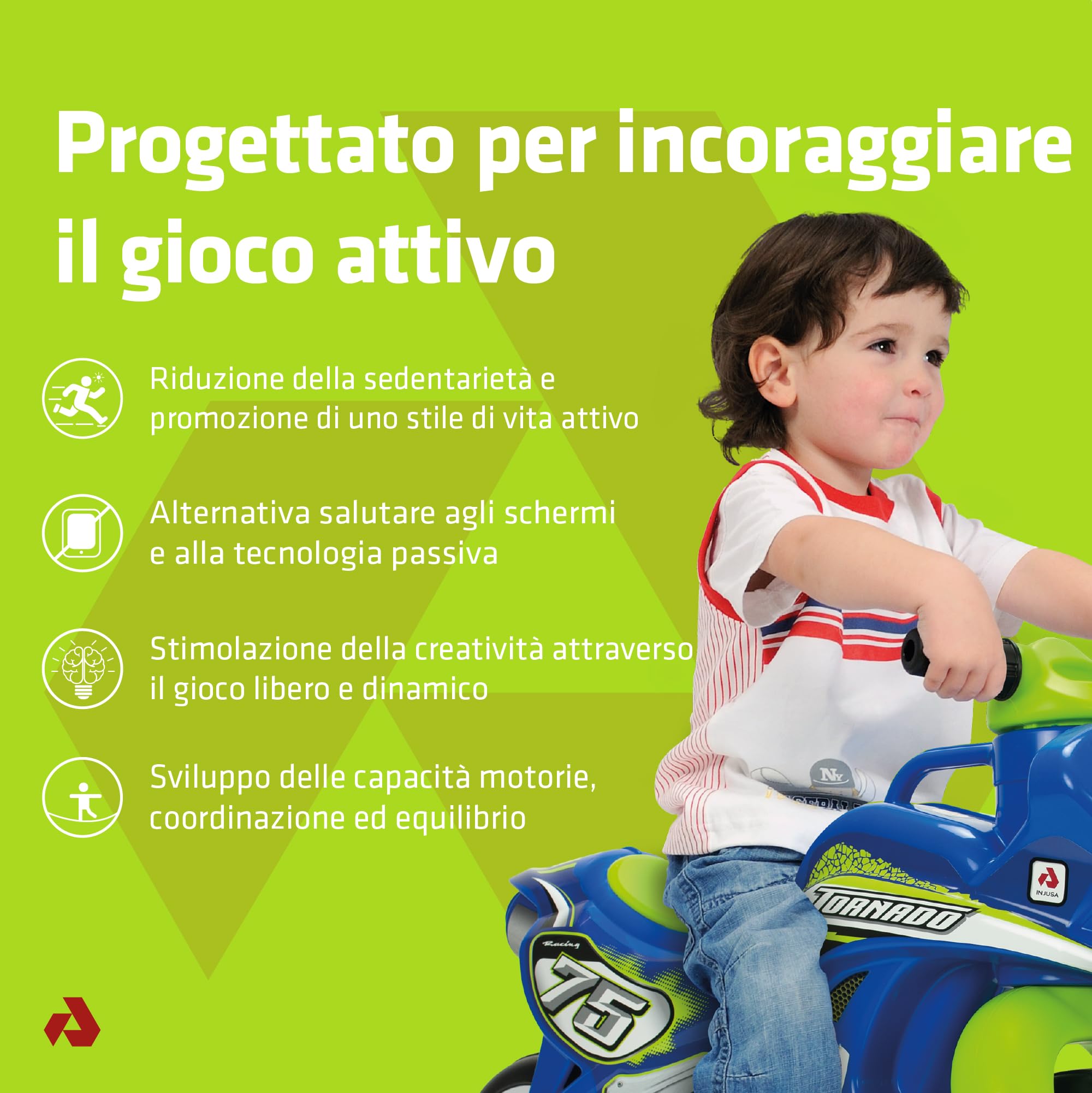 INJUSA Moto Cancelli Tundra Tornado Blu Verde Ruote larghe Plastica Maniglia Trasporto Bambini +18 Mesi