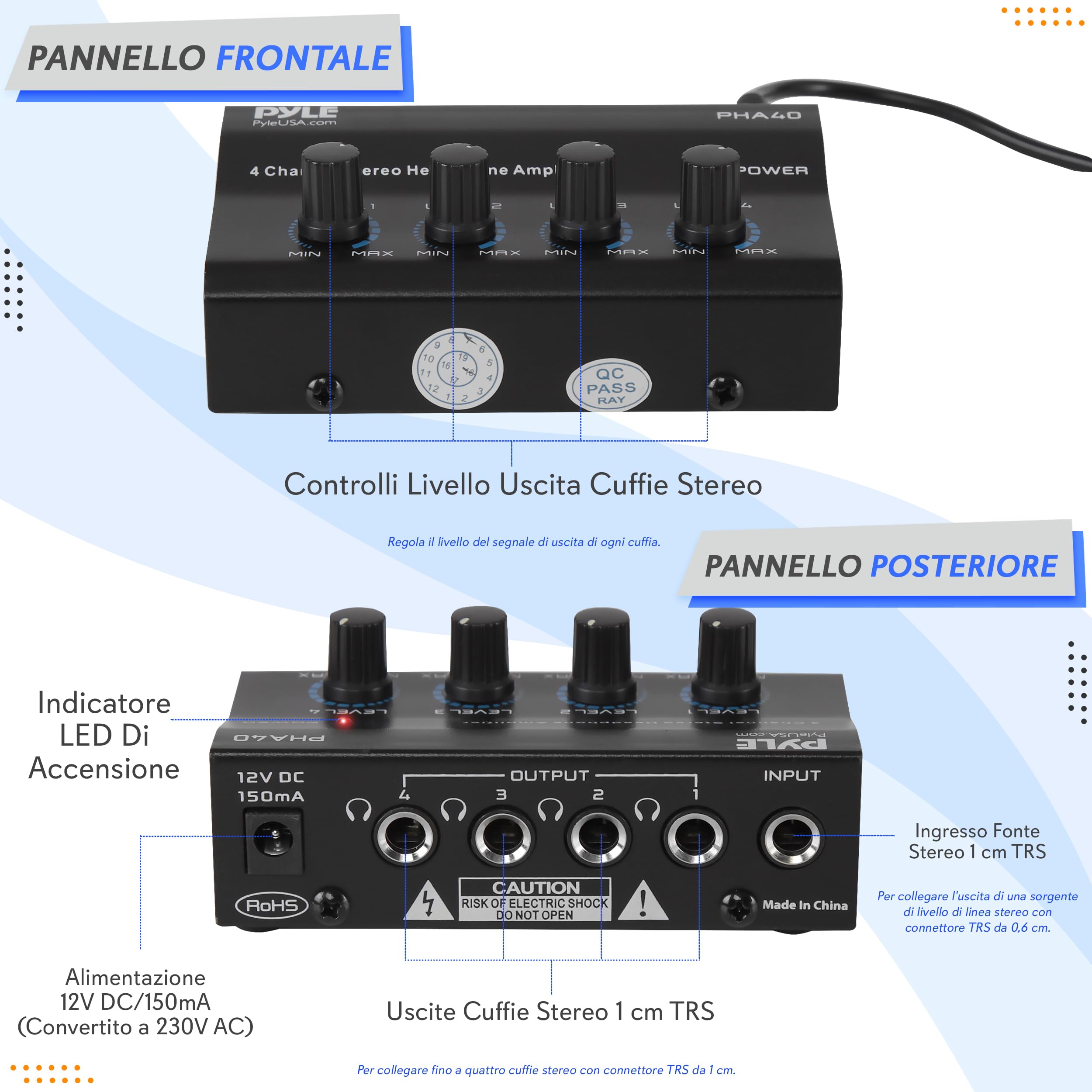 Pyle Preamplificatore Phono, Giradischi - Amplificatore Audio Stereo 4 Canali Portatile con Jack Bilanciato TRS da 6,35 mm e Ingresso TRS da 6,35 mm