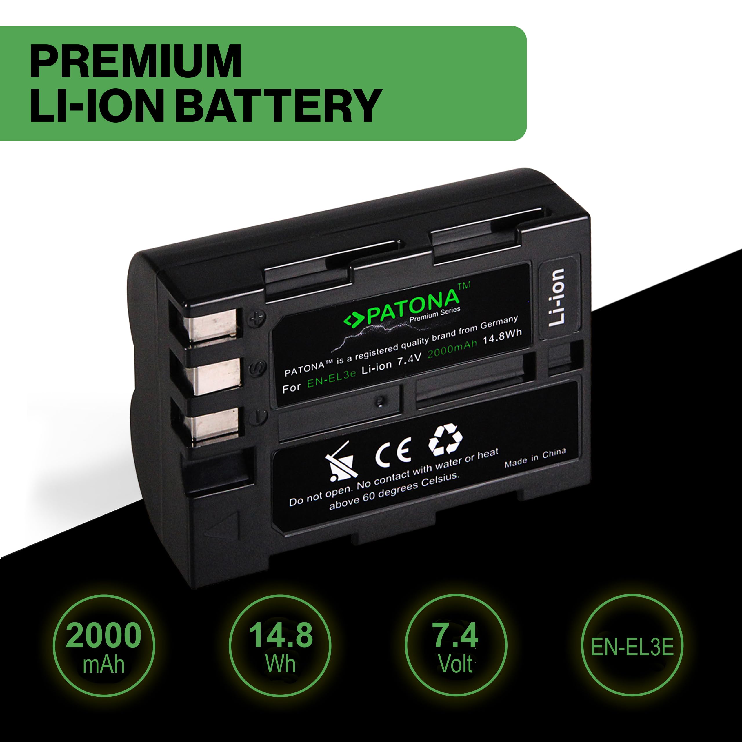 PATONA Premium EN-EL3E Batería 2000mAh Compatible con Nikon D50 D70 D70s D80 D90 D100 D200 D300 D300S D700 batería de Repuesto para los Modelos EN EL3E ENEL3E